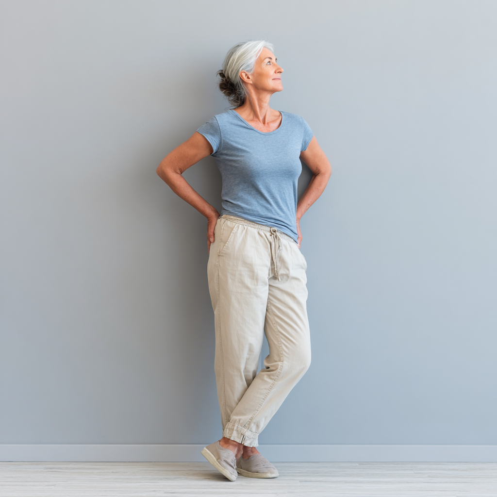Older adult in comfortable standing posture demonstrating balance and body awareness